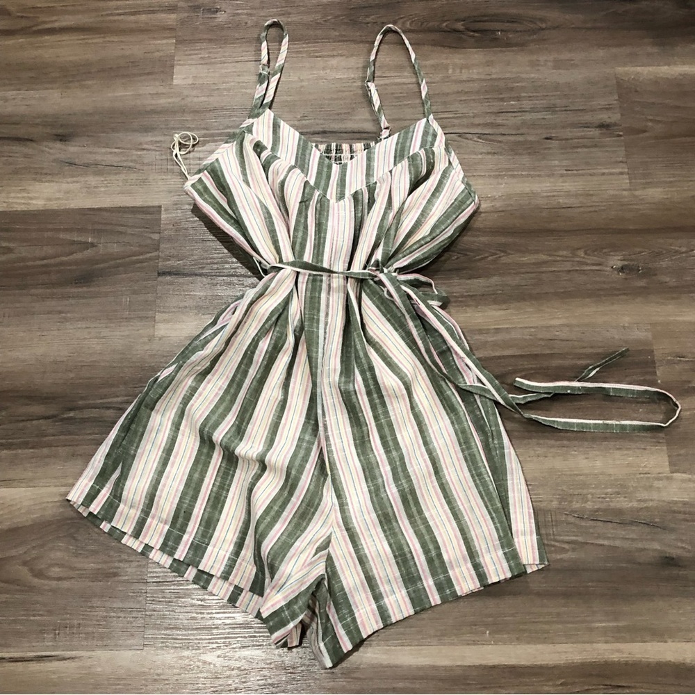 Fashion On Earth Olive Green Pink Cream Stripe Romper Women size Large